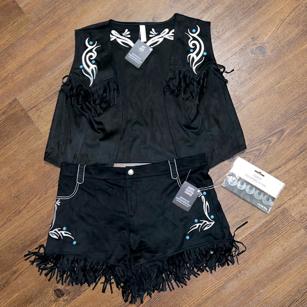 NWT Costume Fringe Cowgirl Vest Shorts W/ Choker White Stitching Blue Rivots XXL - Picture 6 of 13